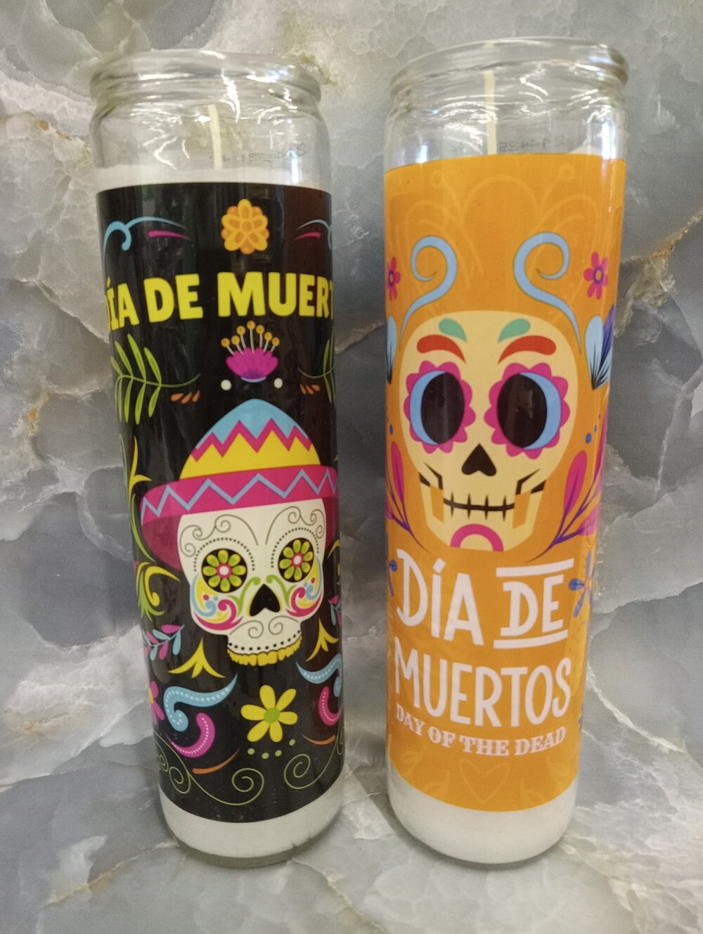 2 Día de Muertos Decorative Glass Candles - Orange & Black